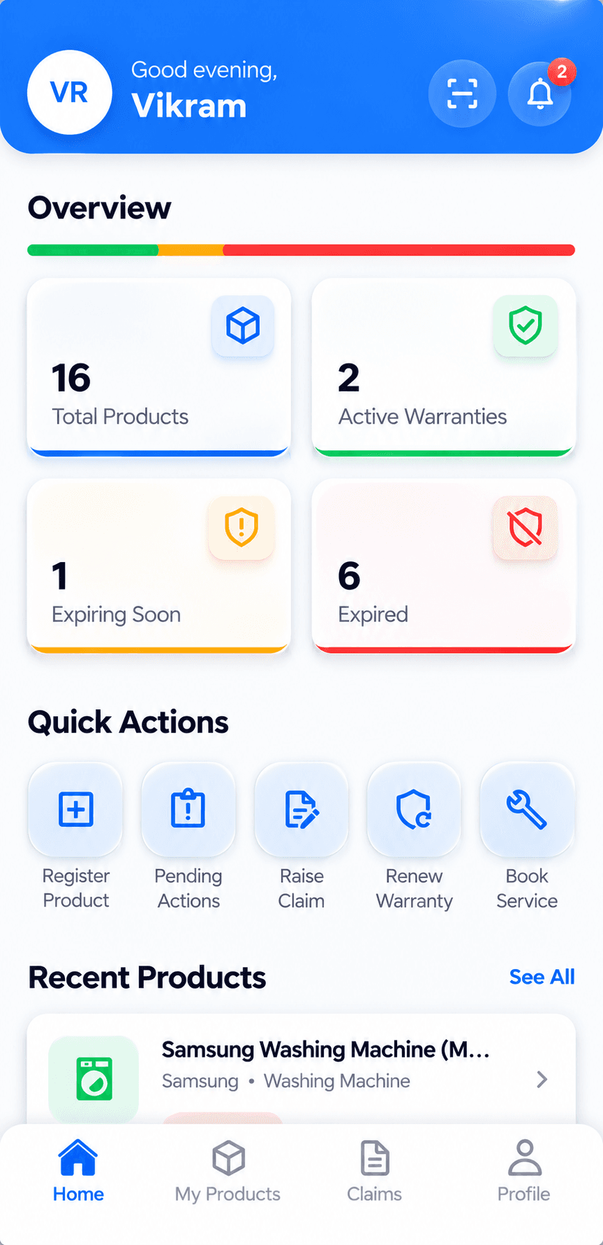Device Vault home dashboard with product and warranty overview